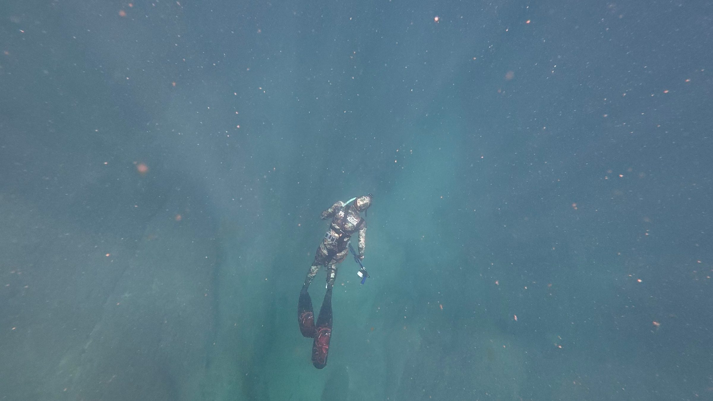 A spearfisher descending into open blue water off the Karachi coast
