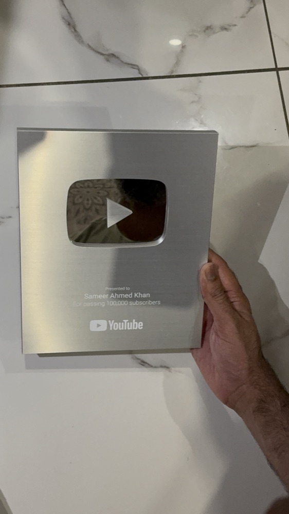 The YouTube Silver Play Button presented to Sameer Ahmed Khan for crossing 100,000 subscribers