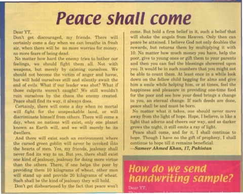 Peace Shall Come as it appeared in YT magazine